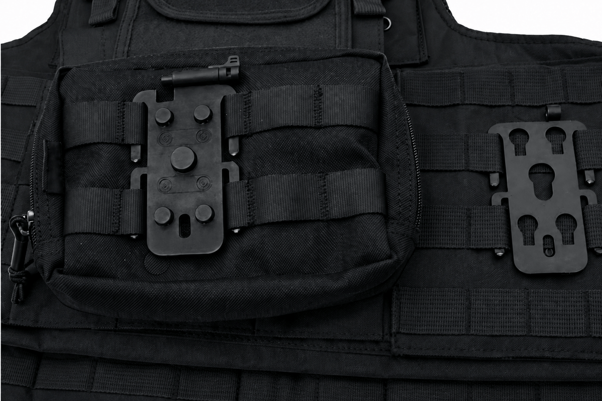 Close-up of a black tactical vest or plate carrier with MOLLE webbing and two black quick-release plastic mounting plates, shown on a white background.