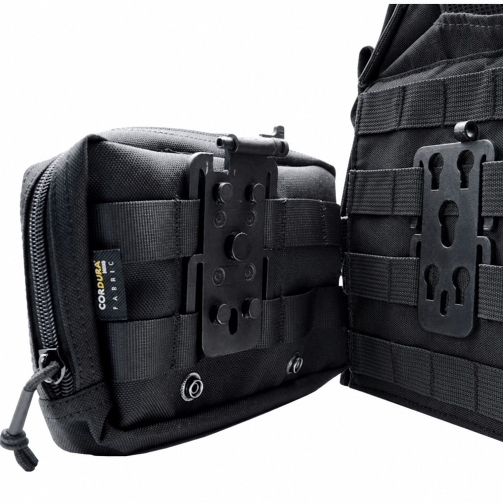 Black tactical pouch with MOLLE webbing and a black quick-release buckle attachment, shown on a white background with a second pouch partially visible behind it.