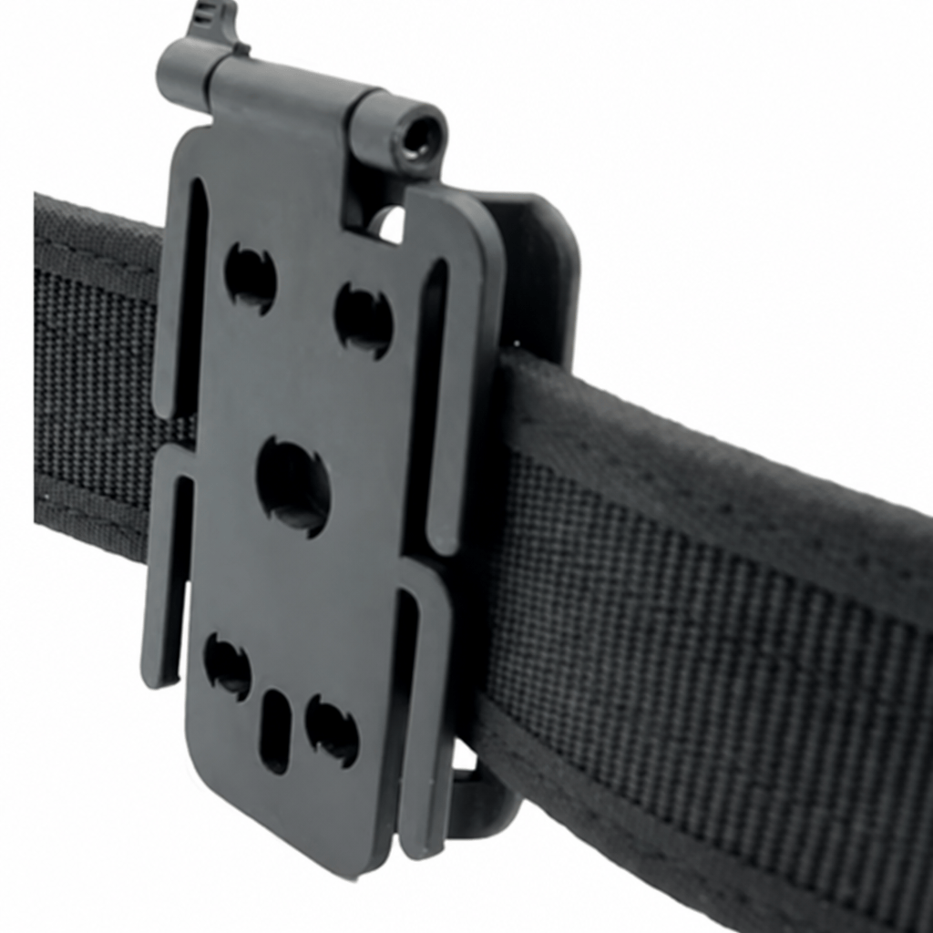 Close-up of a black plastic quick-release buckle attached to a black webbed strap on a white background.