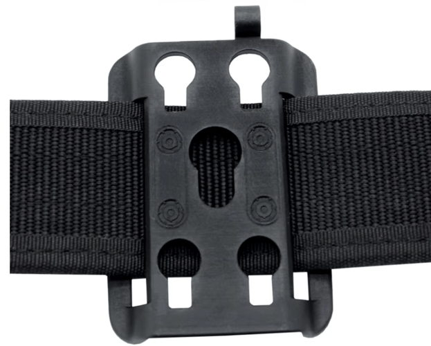 A close-up of a black plastic quick-release buckle with a matching black woven strap, shown against a plain white background.