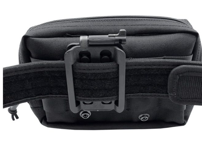 A close-up of a black tactical waist bag with a wide adjustable webbing strap and a large black plastic quick-release buckle, shown on a white background.